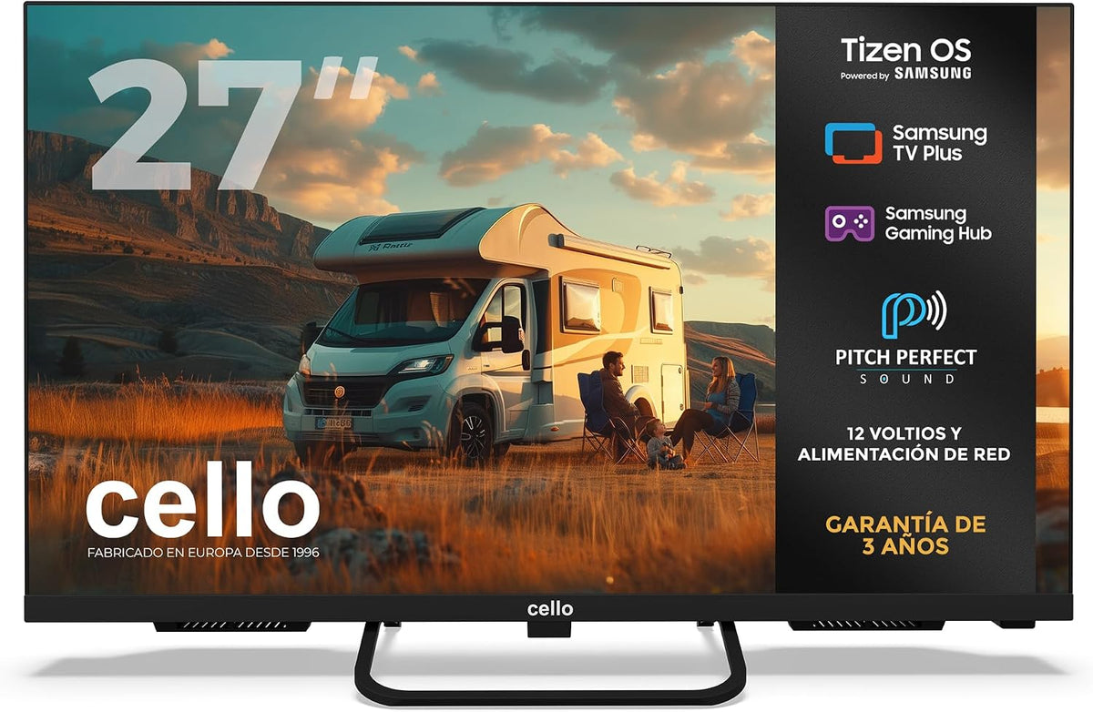 CTRAV-27TZ de Cello, smart tv, TV Traveller Smart 12V de 27' con Tizen OS de Samsung, recepción por satélite, Gaming Hub, Altavoces Pitch, Bluetooth