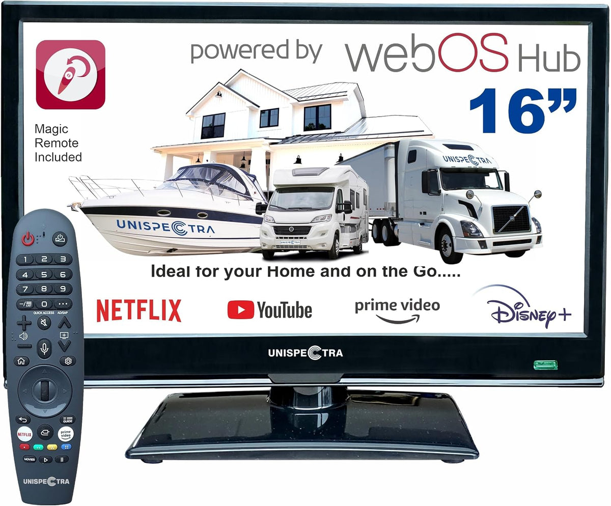 Smart TV ® 16' Smart TV (webOS) 12v Full HD 230v 24v TDT y sintonizador Sat, 3X HDMI, 2X USB, Magic Remote. Televisores de 12V para Autocaravanas