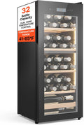 Vinoteca Capacidad de 32 Botellas, Nevera para Vinos con Refrigeración de Doble Zona, Botellero Eléctrico Temperatura Ajustable de 5 ℃ a 18 ℃, Puerta