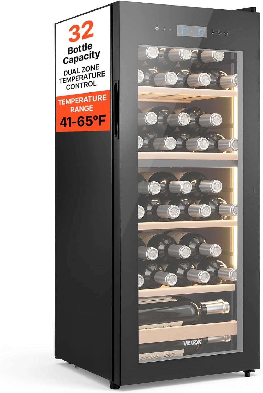 Vinoteca Capacidad de 32 Botellas, Nevera para Vinos con Refrigeración de Doble Zona, Botellero Eléctrico Temperatura Ajustable de 5 ℃ a 18 ℃, Puerta