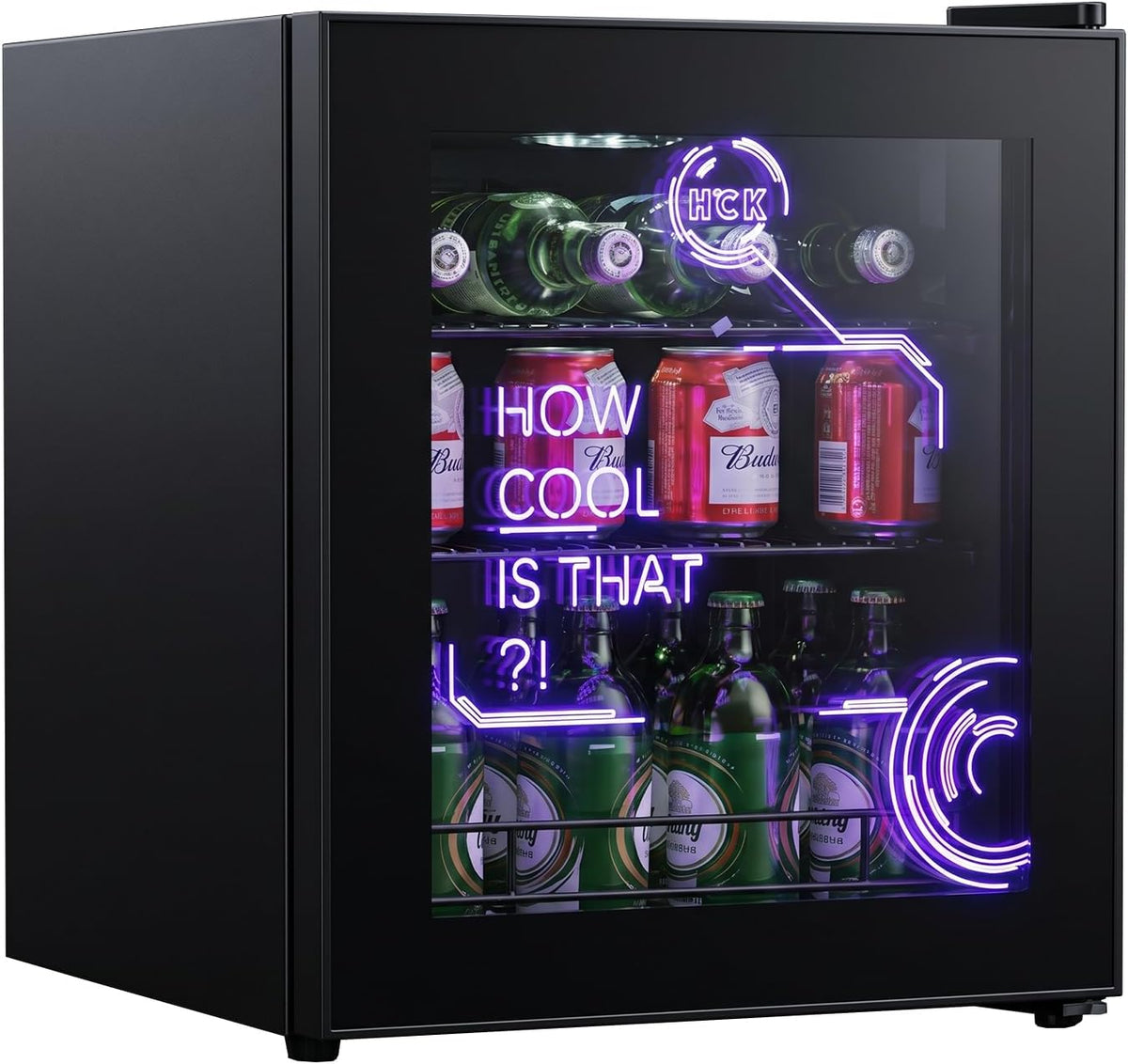 Mini frigorífico Nevera de 48 litros con puerta de cristal de 39 dB, Cyberpunk con moderna iluminación LED, nevera para bebidas, frigorífico para
