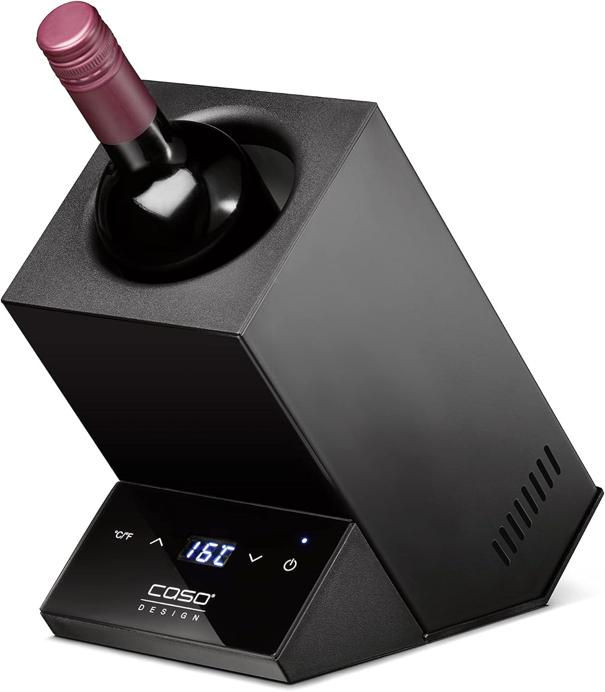 Enfriador de botellas de Caso, WineCase One Black - Enfriador de vino para una botella, rango de temperatura de 5, 18 °C, para botellas de hasta 9 cm