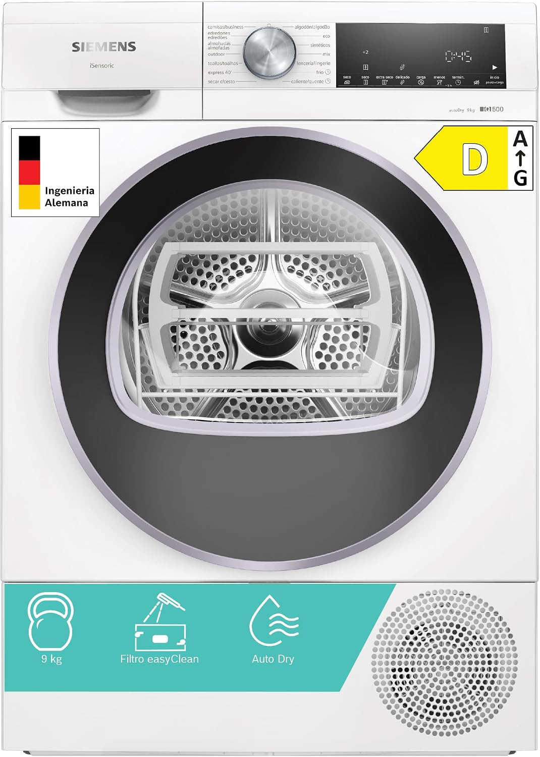 Secadora con bomba de calor SIEMENS, bomba de calor, 9 kg, iQ500, autoDry, Media carga, Blanco, WQ42G200ES