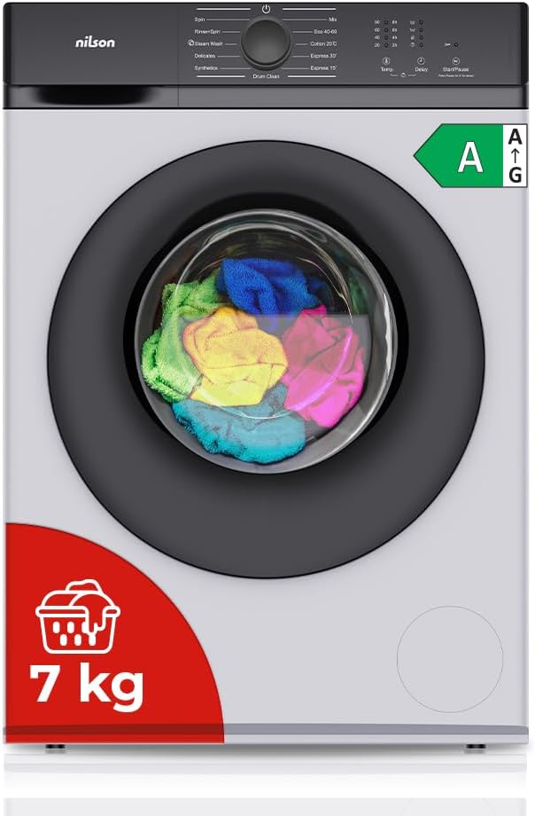 NILSON NL7201AI Lavadora, 7Kg Carga Frontal Blanco. 1600W, 1200rpm, Motor Inverter, 11 Programas, Función Stop&Go, Tambor Diamante, Clase de