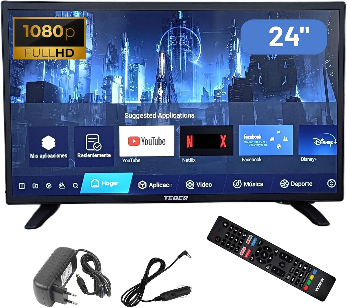 Televisor TEBER,. Smart TV de 24 Pulgadas -12v/24v/230v. Bluetooth, Mando por Voz. Gran resolución 1920x1080 Full HD. DVB-S2/C/T2/T. para