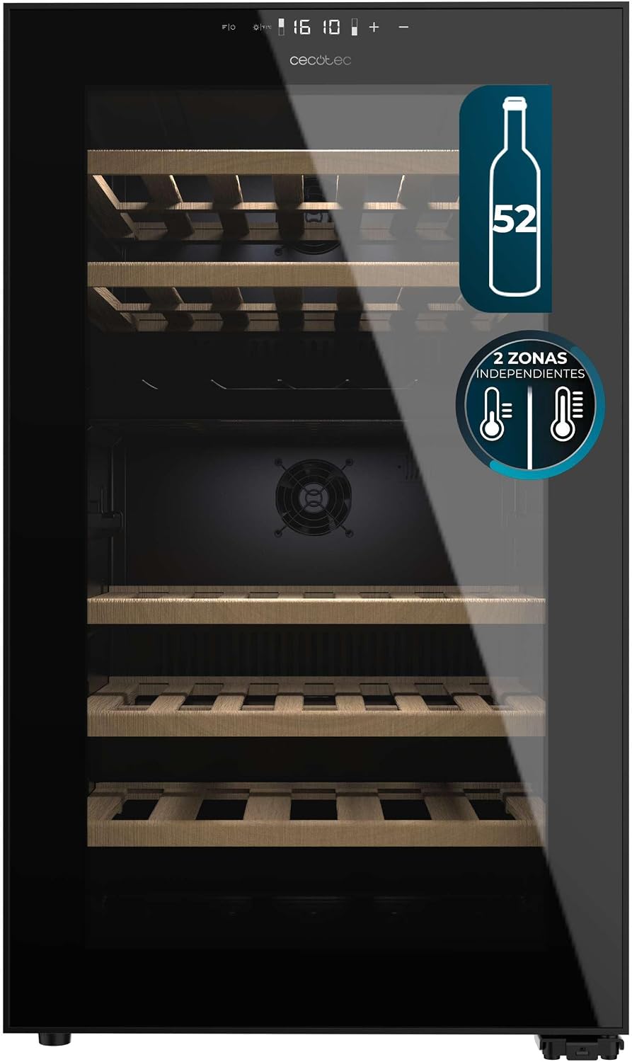 Vinoteca Cecotec, 52 Botellas con Doble Zona Temperatura Bolero GrandSommelier Duo 52000 Black. Compresor Integrado, Iluminación LED, Display LED