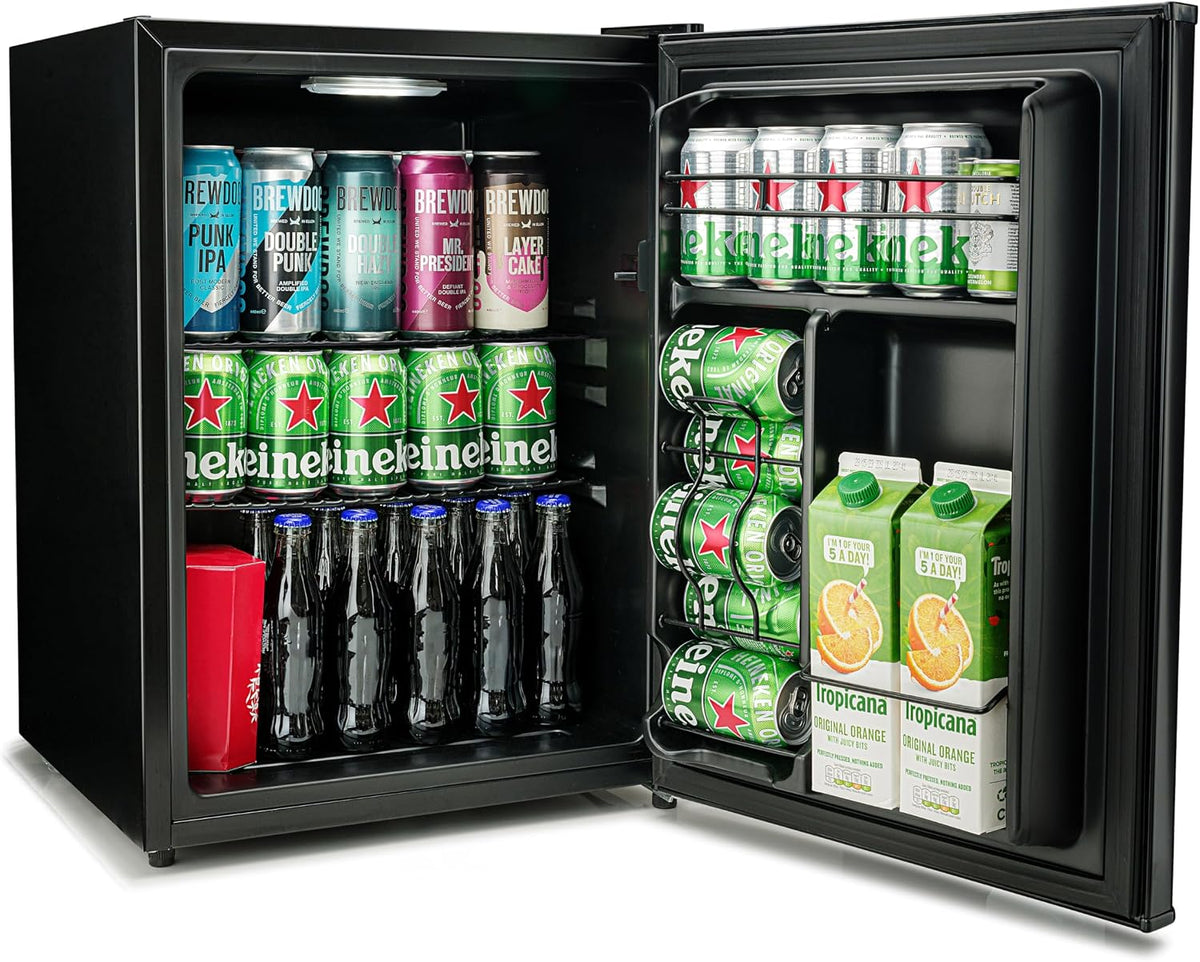 Subcold Mini frigorífico, Cave60 - Frigorífico para bebidas (54 L, para 60 latas, con compartimento para latas e iluminación LED), color negro