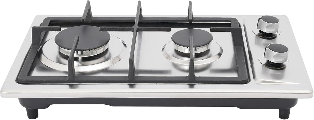 Placa de cocina Cocina de gas con 2 fuegos de acero inoxidable, NG/LPG convertible, manguera de gas de 1, 5 m, hornillo portátil de camping 51 x 31 x