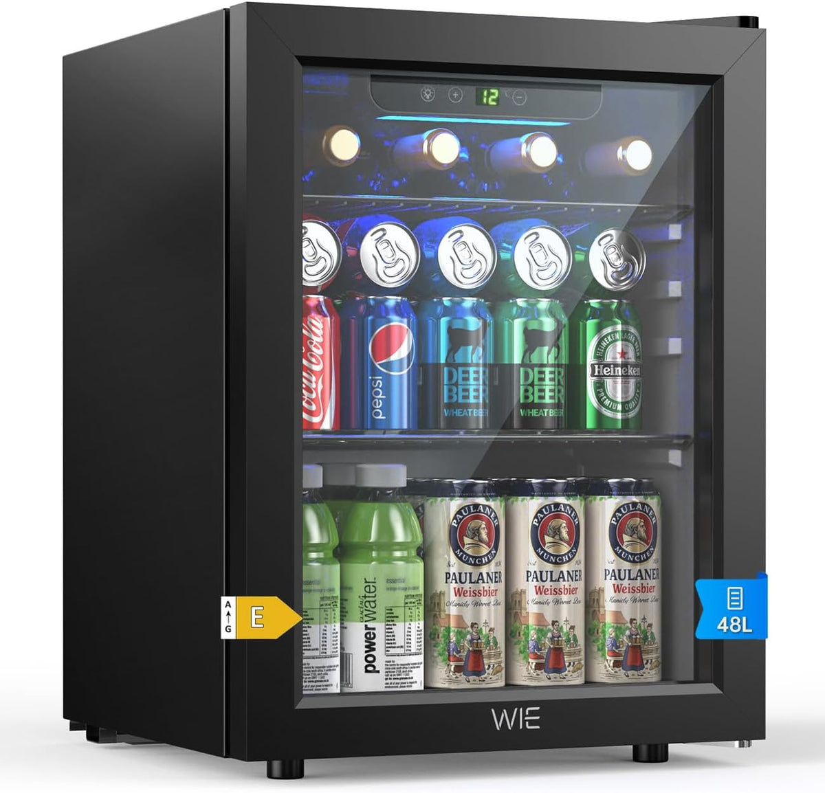 WIE Mini frigorífico, Nevera Pequeña, Mini Nevera 48L, 68 Latas Frigorificos Pequeños con Puerta de Cristal, Temperatura Regulable, Iluminación LED