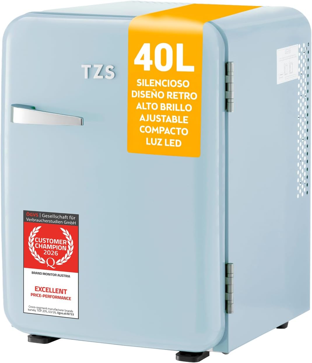 Mini frigorífico de TZS First Austria, Retro 40L silencioso - Pequeño Minifrigo diseño vintage con luz interior y 2 compartimentos de puerta - Minibar