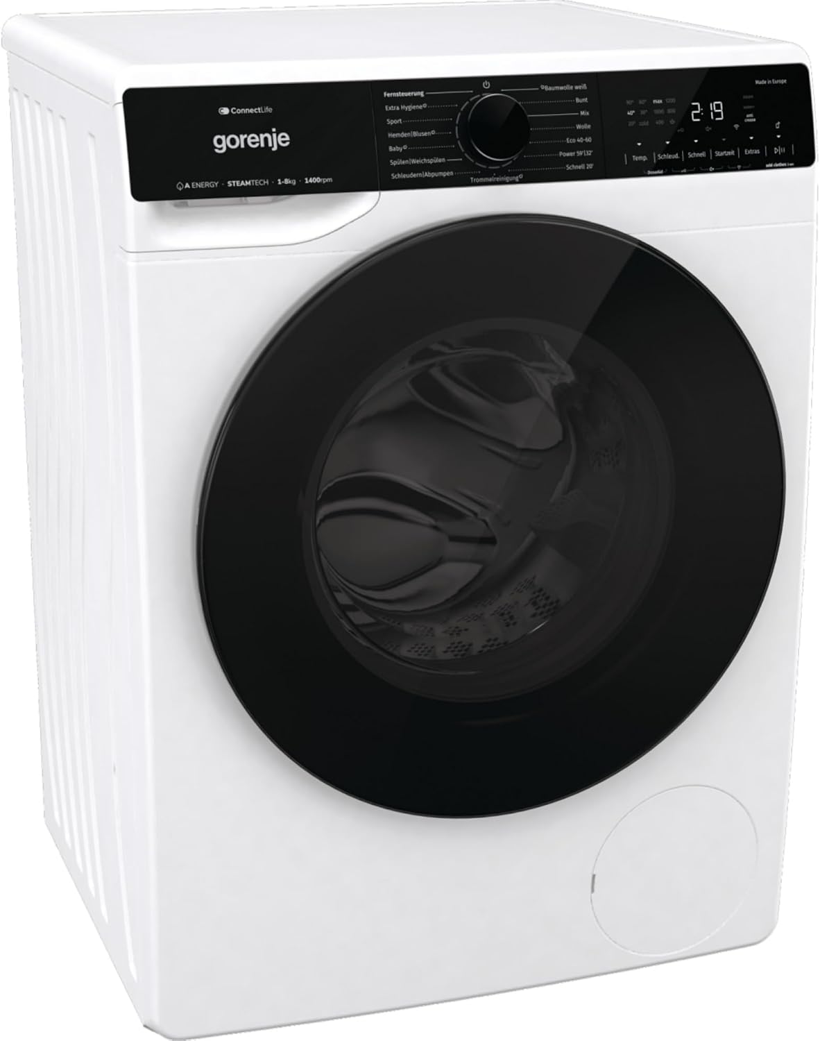 Lavadora Gorenje, WPNA84A2TS con función de vapor, ConnectLife, 8 kg, 1400 rpm, 15 programas, AquaStop total, tambor Wave Active, extrahigiene