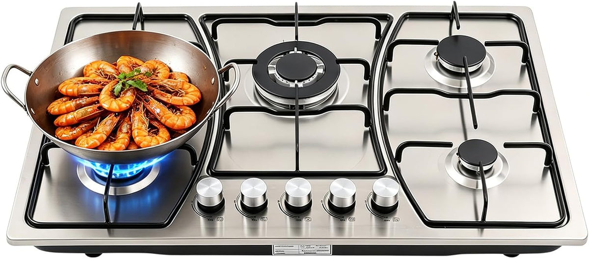 Placa de cocina de TTISJHK, Encimera de gas 5 fuegos, acero inoxidable empotrable cocina de gas 76 x 50