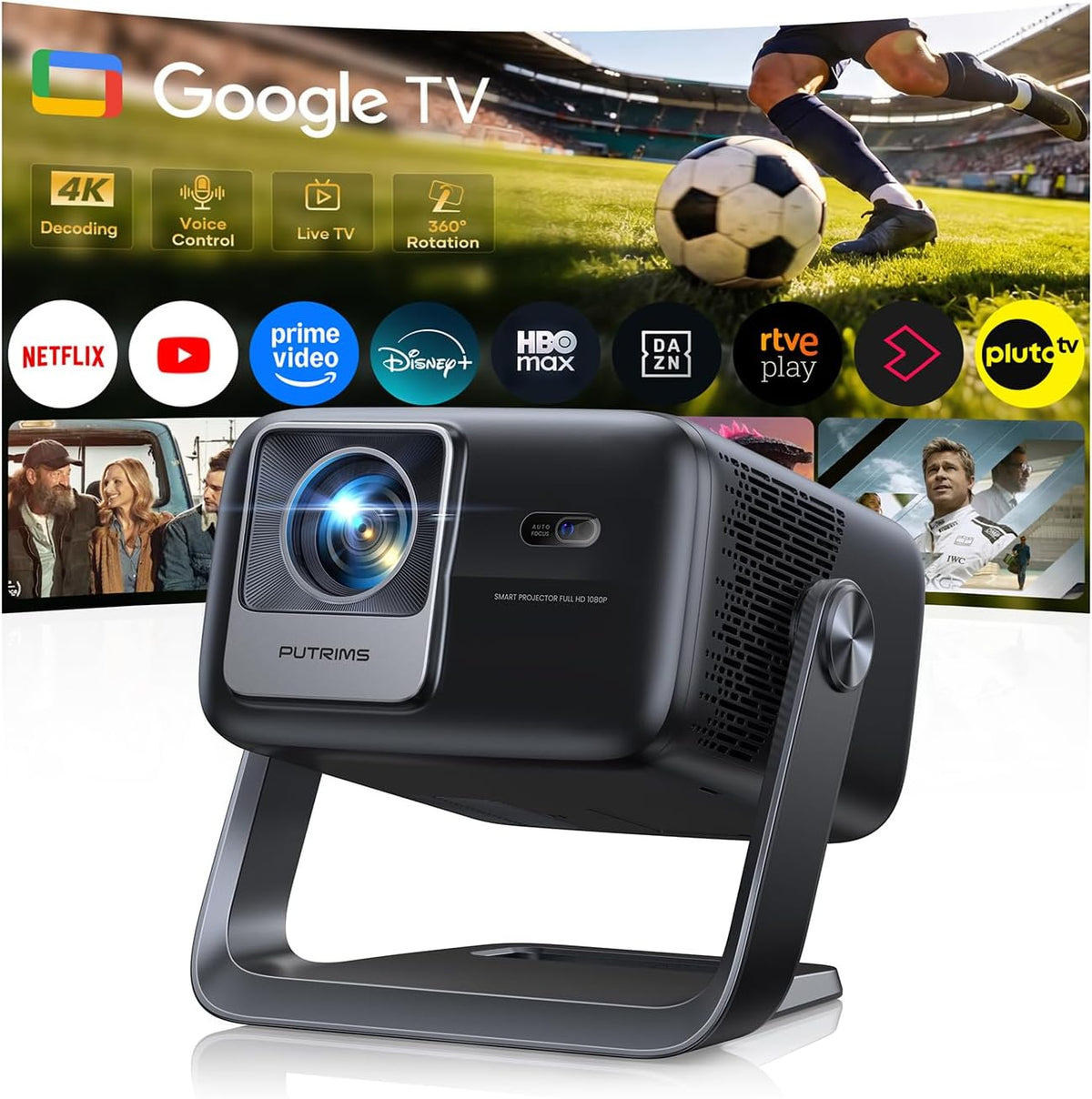 Proyector PUTRIMS, 4K Google TV/30W Altavoz/360°Rotable 1200ANSI Proyector Portatil con oficial App, Voice Assistant, Auto Focus/Keystone, HDR10