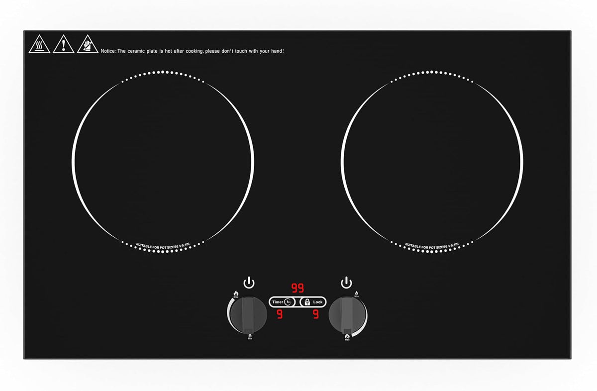VBGK Placa de cocina, Placa Induccion 2 Fuegos, 220V 3600W Placas de Induccion con Control Giratorio, 9 Niveles de Potencia, Bloqueo Infantil y