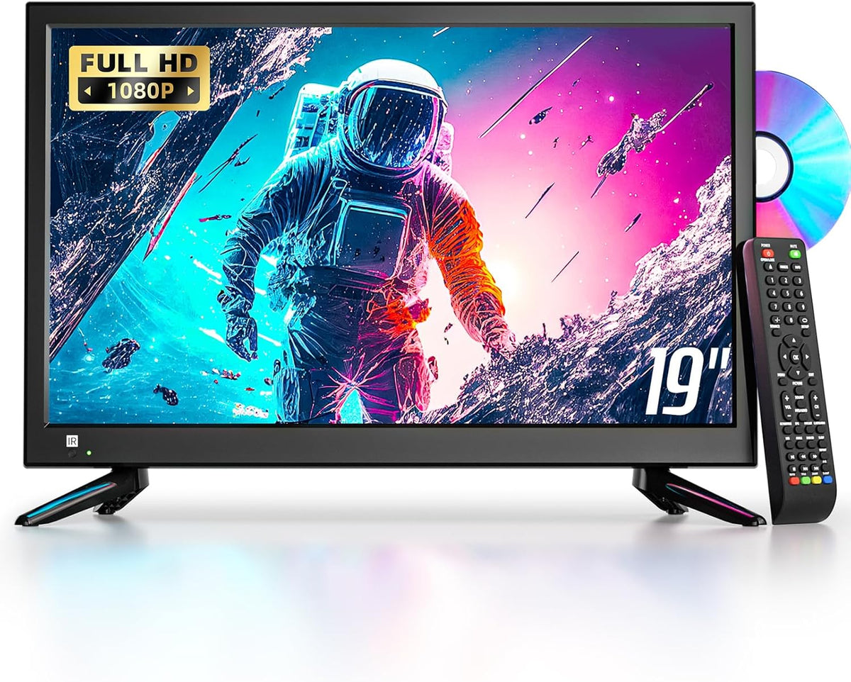 Desobry 1080P Smart TV, TV 19 Pulgadas Incorporado en el Reproductor de DVD, TV Pequeñas Soporte Antena HDMI USB AV de Entrada, 12v para
