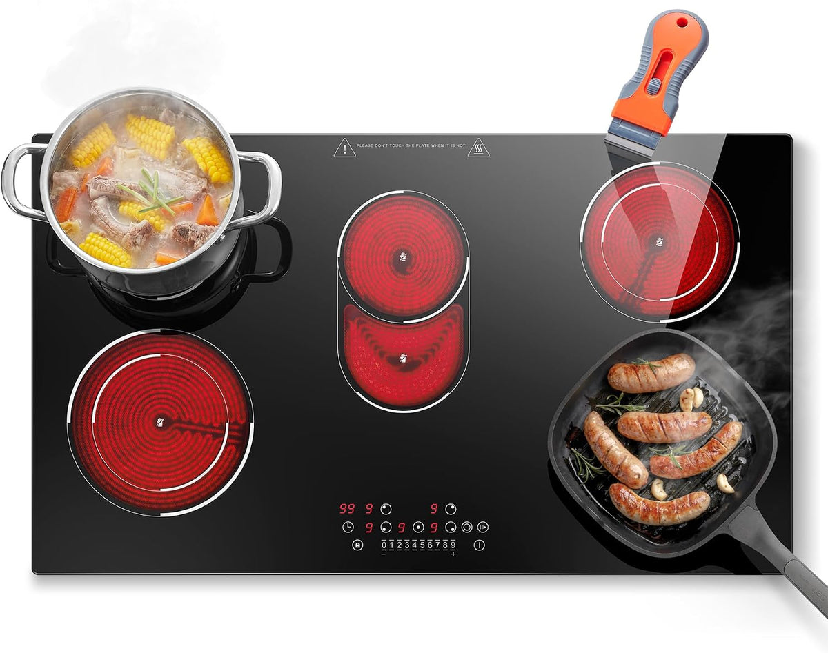 SNDOAS Placa de cocina, Placa Vitroceramica 5 Fuegos 90cm, 8400W, Ovalada y Doble Anillo