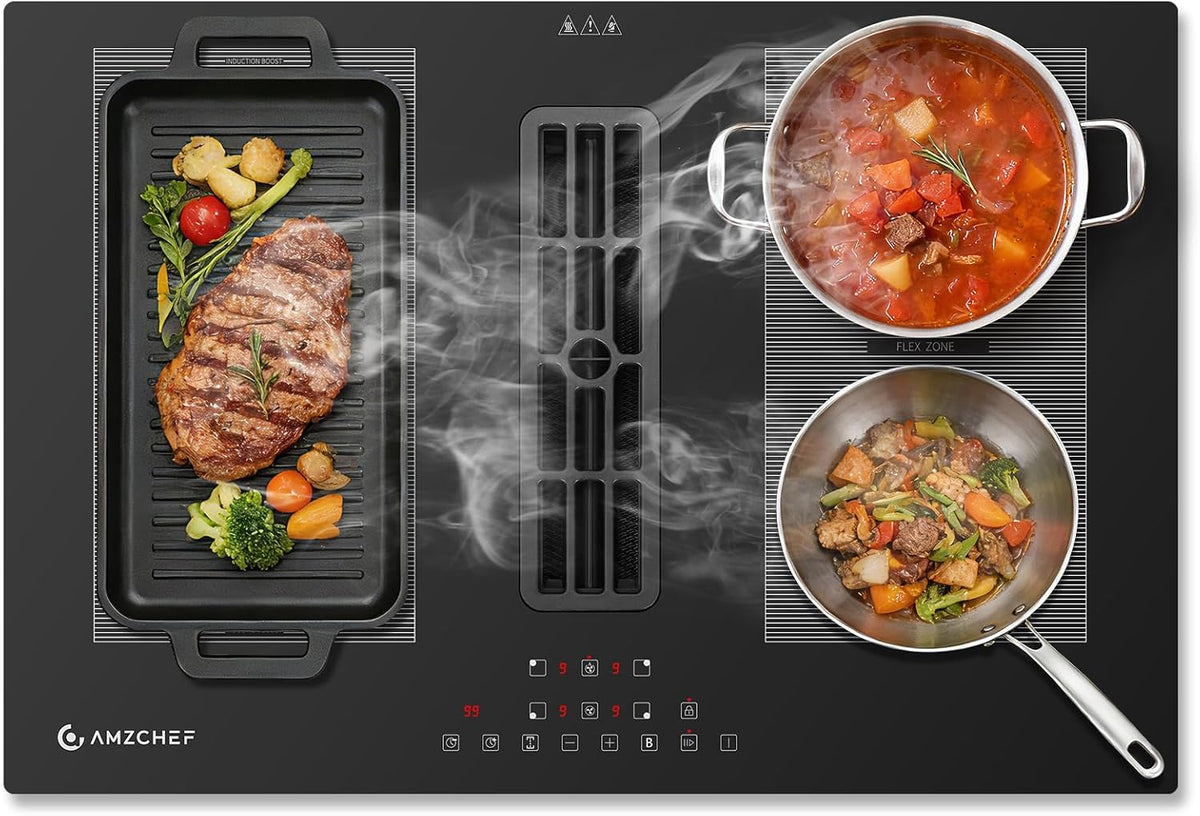 Placa de cocina de AMZCHEF, Placa Inducción con Extractor Integrado, 7200W Placa Induccion 4 Zonas, 650m³/h Ventilación Automática Hob2Hood, 9 Niveles