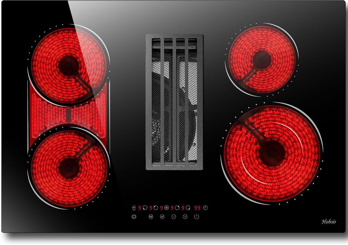 Placa de cocina de Hobsir hob, Hobsir Placa de Vitrocerámica con Extractor Integrado 77 cm, 7100W 4 Zonas