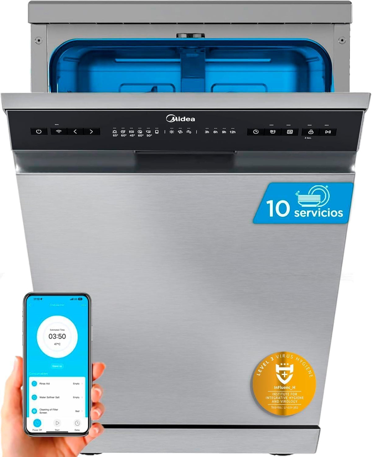 Midea Lavavajillas, 45 cm+++ Inox para 10 servicios - Lavaplatos libre instalación - Compacto con 8 Programas de Lavado integrable - Filtro