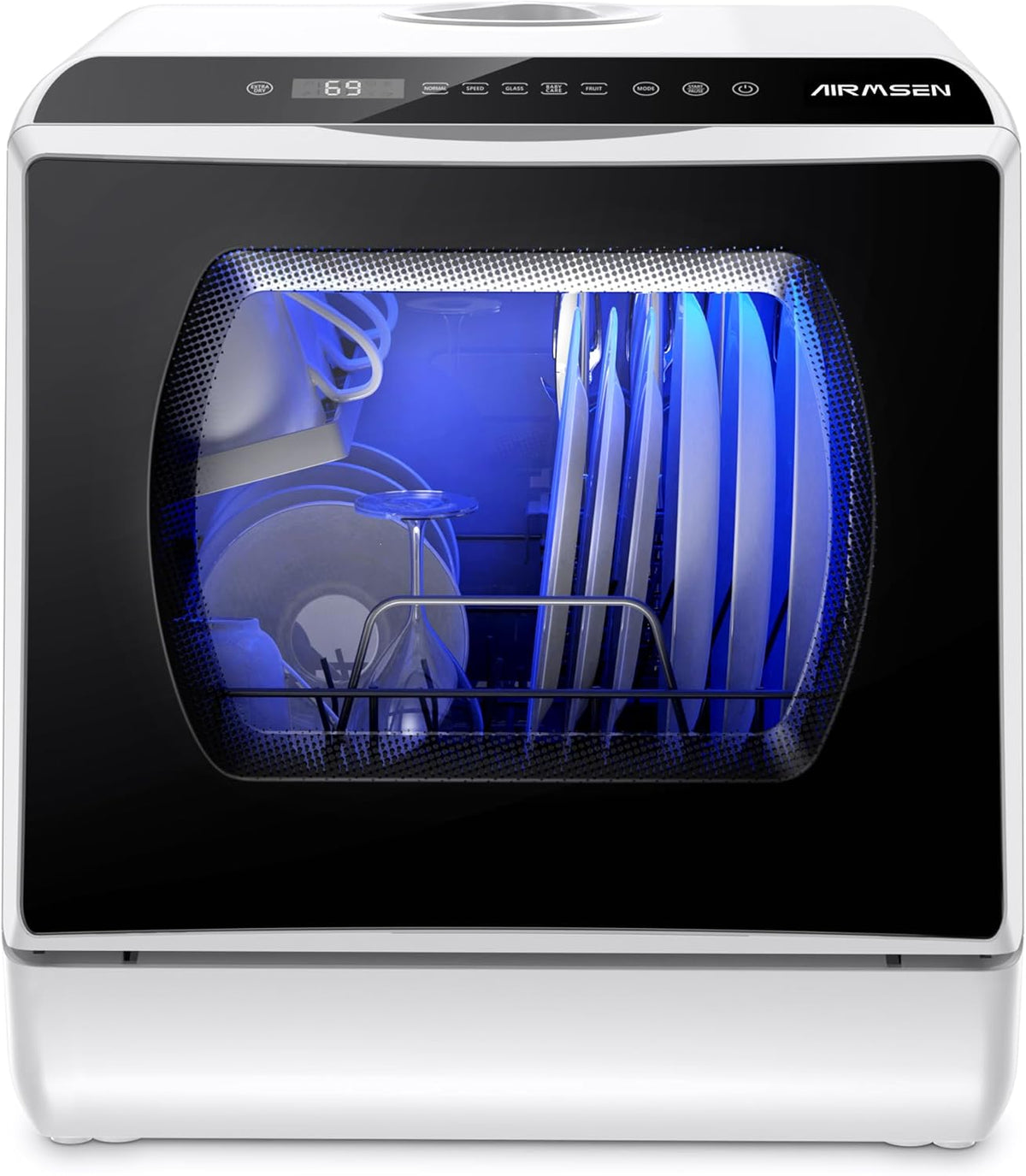 Lavavajillas compacto AIRMSEN, Mini Lavavajillas de Sobremesa con 5+1 Programas, Depósito de 5 Litros, 2 Formas de Suministro de Agua, Control Táctil