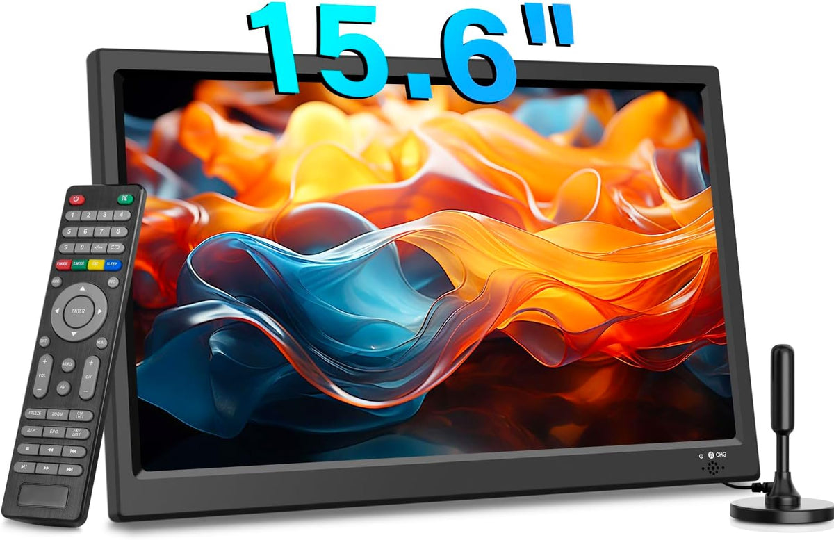 Televisor TV digital portátil, TV DVB-T2 de 12 V, entradas HDMI/AV/USB, control remoto, compatible con cargador de coche de 12 V, 15.6 pulgadas, color