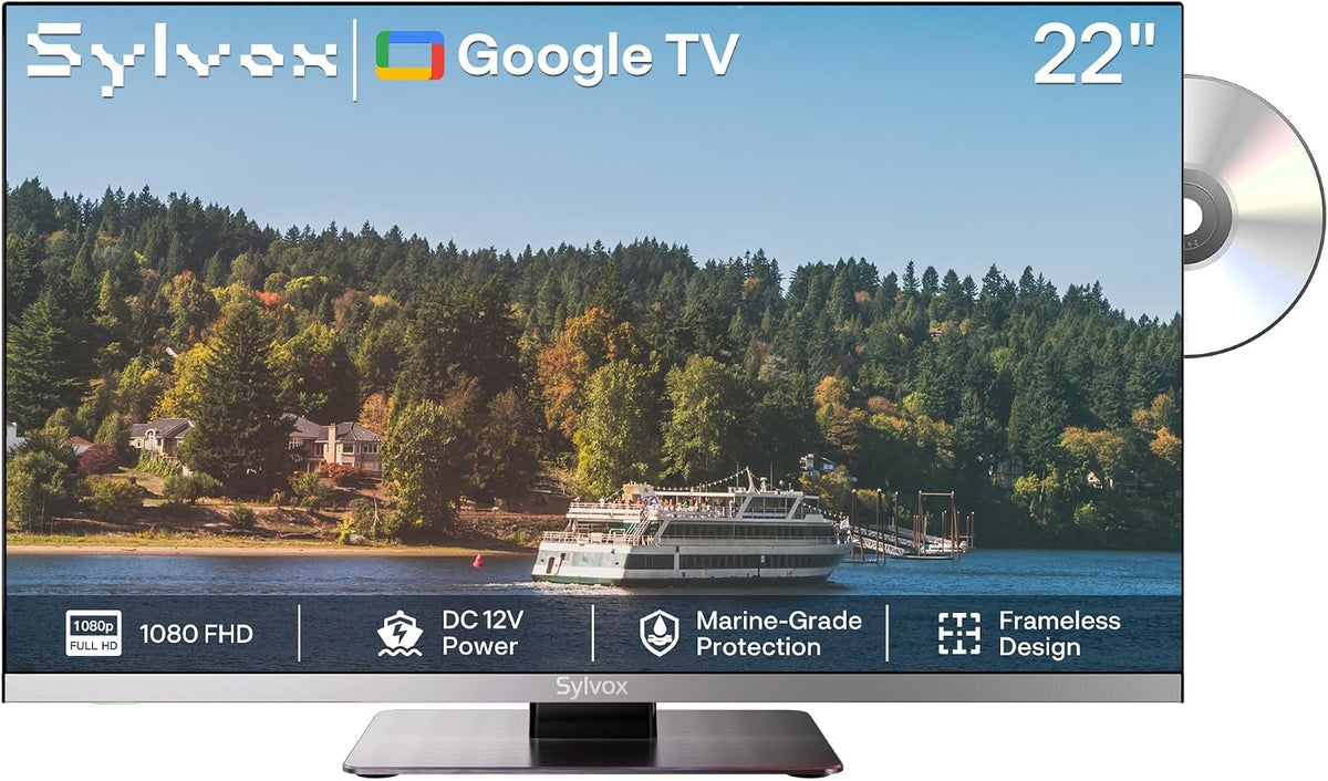 Smart TV 12V Smart TV 22 Pulgadas, Pantalla 1080P Sin Marco, Google TV con Reproductor de DVD, Triple Sintonizador, Bluetooth, WiFi, SYLVOX