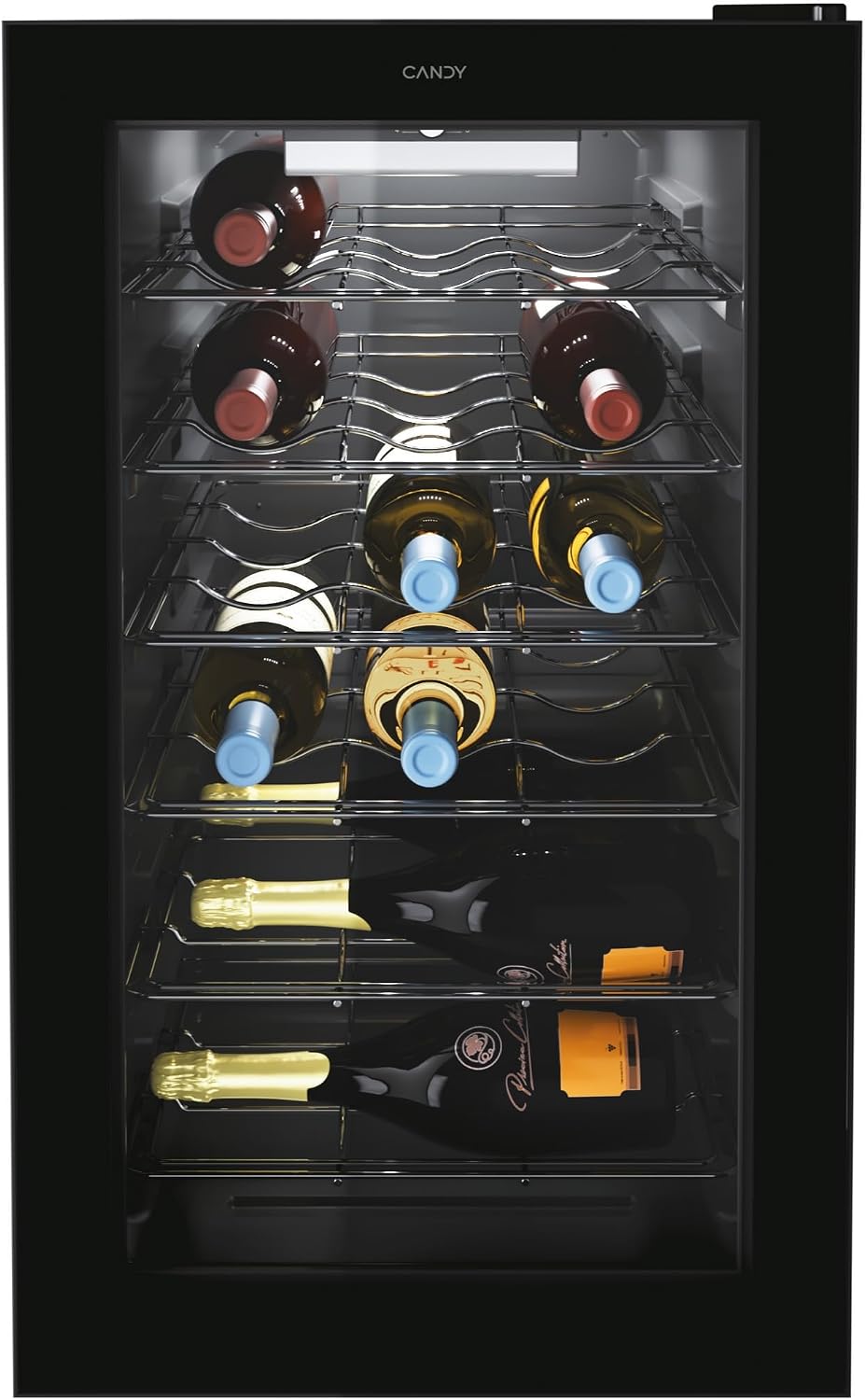 Vinoteca de CANDY, DiVino CWC 021 M/NF Vinoteca Vino, 21 botellas, App HOn con tecnología Vivino, estantes cromados, 39 dB, Clase G, 40 x 55 x 70 cm