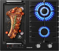 GIH604BF de GASLAND, placa de cocina, Placa gas + inducción 60 cm, Gas 5200 W con quemador wok, Inducción 3500 W con función BBQ, Vidrio negro