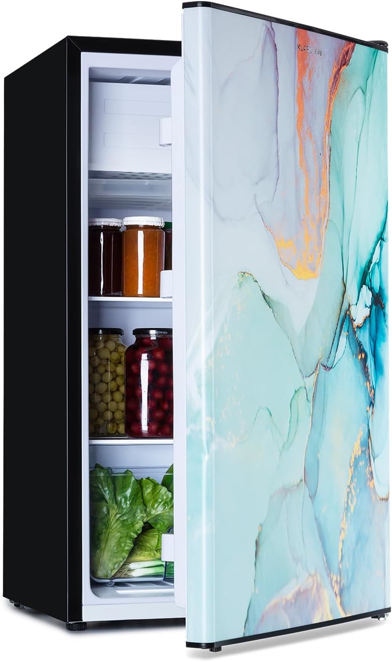 KLARSTEIN Mini frigorífico, CoolArt Kühl nevera combi - nevera con 2 alturas, termostato con 5 niveles, de 0 a 10 ºC, volumen interior: 79 litros