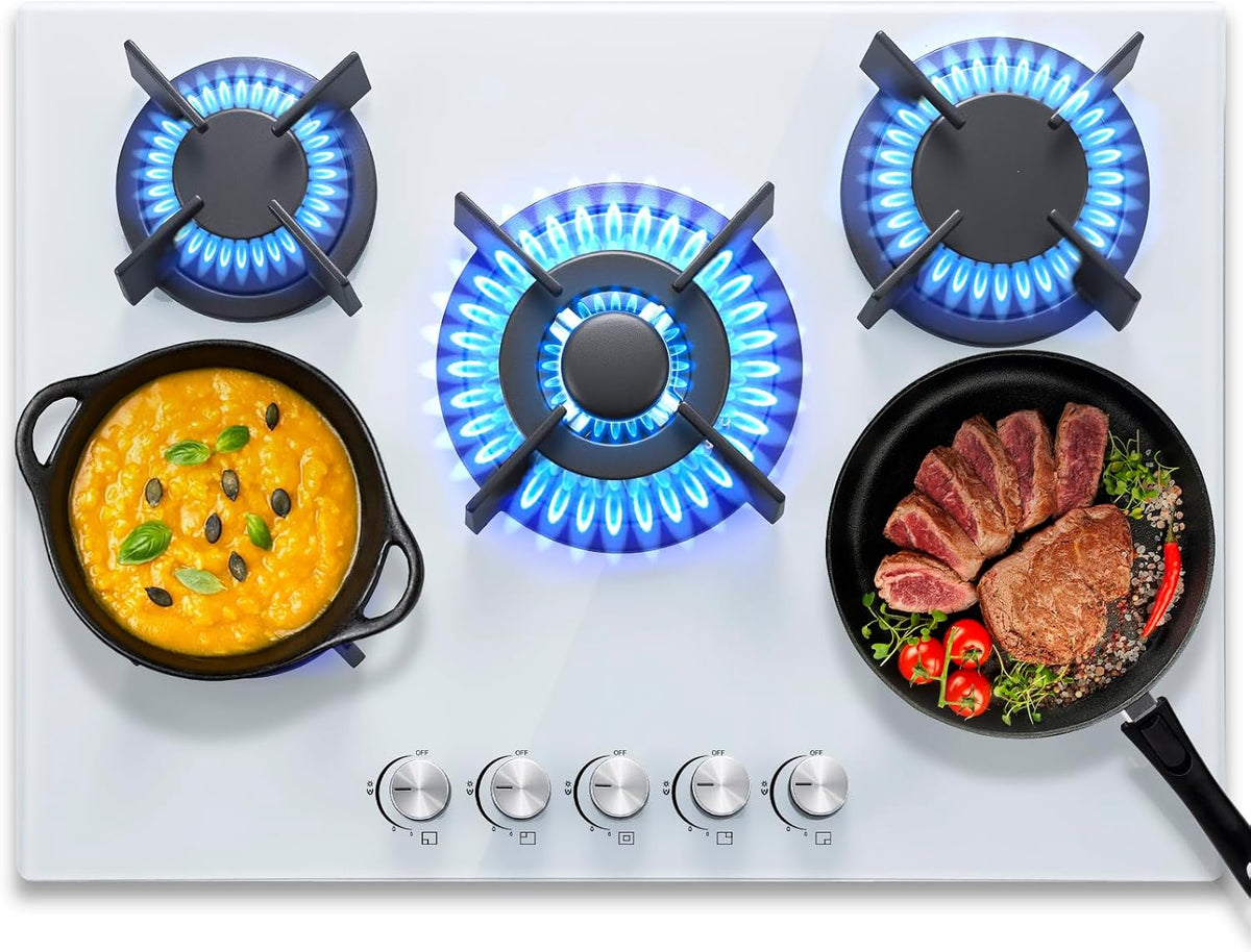 Placa de cocina de SNDOAS, Gas 5 Fogones 70cm, Vidrio Templado Blanco