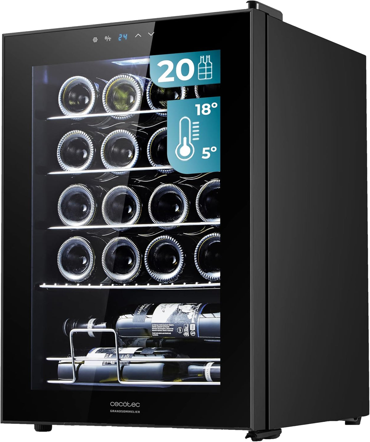 Vinoteca de Cecotec, Nevera para Vinos de 20 Botellas Bolero GrandSommelier 2050 Black Compressor. Temperatura ajustable de 5-18ºC, Alto rendimiento