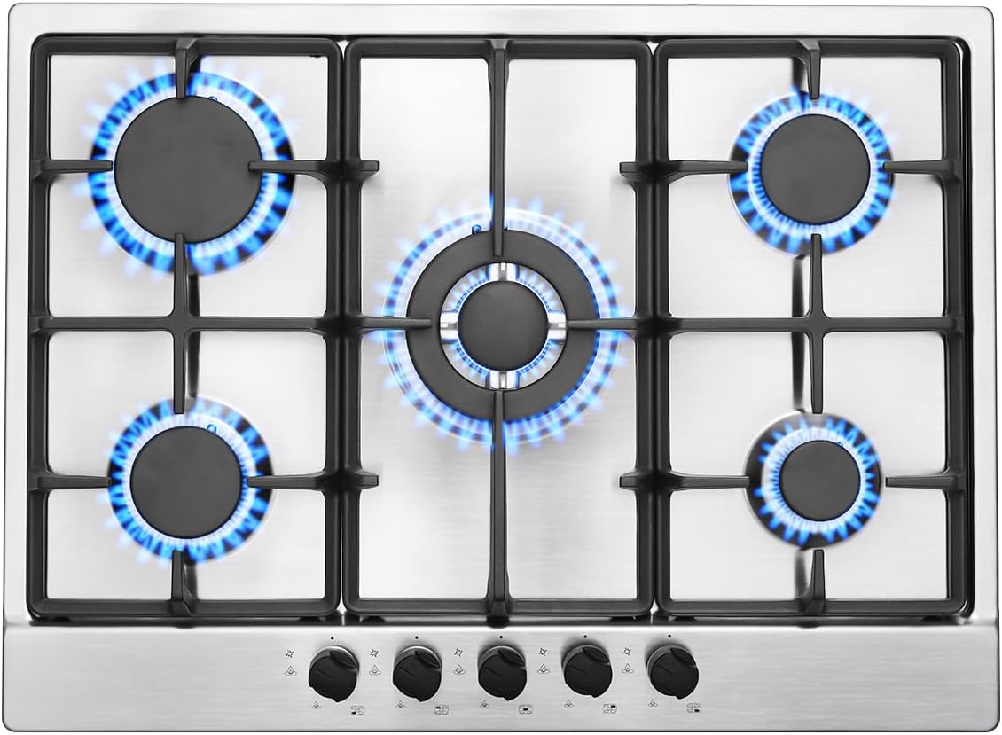 SNDOAS Placa de cocina, Gas 5 Fogones Acero Inoxidable 68cm