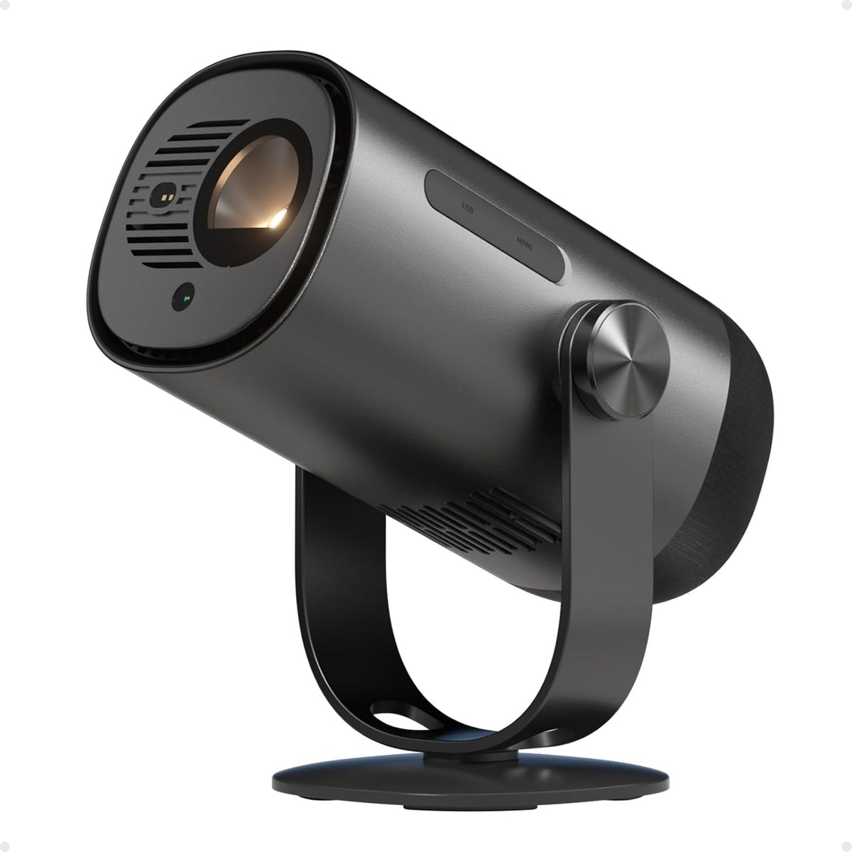 Proyector Freedo Mini Proyector Portátil, 450 lúmenes ISO, Projector 1080P con Soporte Ajustable 165°, GTV Incorporado y Netflix Oficial, Batería