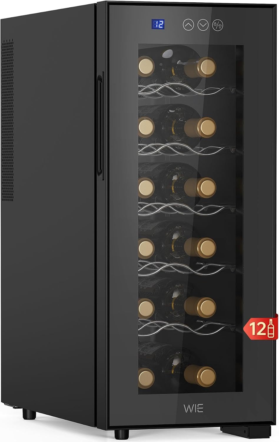 Vinoteca de WIE, 12 Botellas, 33 L Nevera Vinos, <26dB, 8-18°C con Pantalla Táctil Inteligente LED, Refrigeración Termoeléctrica, Puerta de Cristal