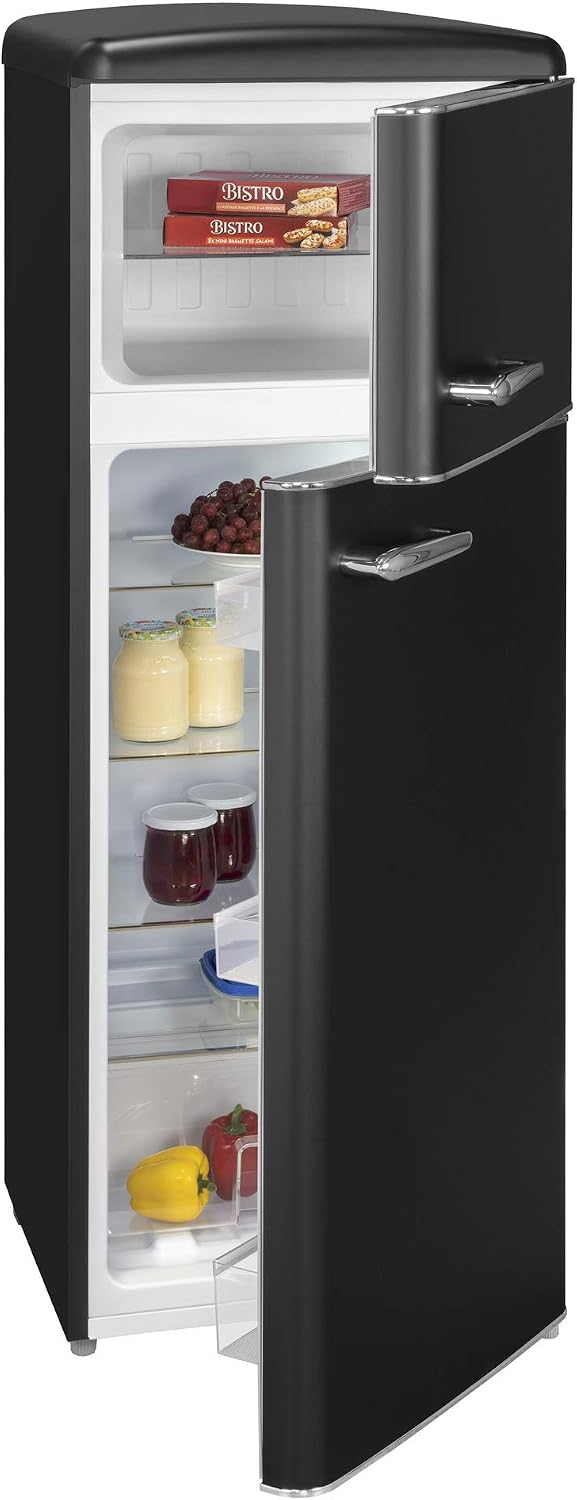 Exquisit Frigorífico combi, ® Frigorífico Combi Retro 206L, Negro Mate, Clase E, Congelador 4 Estrellas, Tiradores Metálicos Vintage, Estantes de