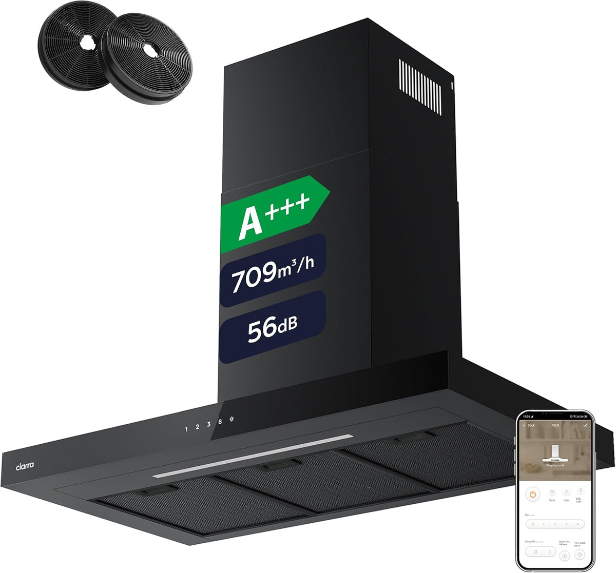 CBCB9102 de CIARRA, campana extractora, Campana Extractora 90 cm 709 m³/h WIFI Negro