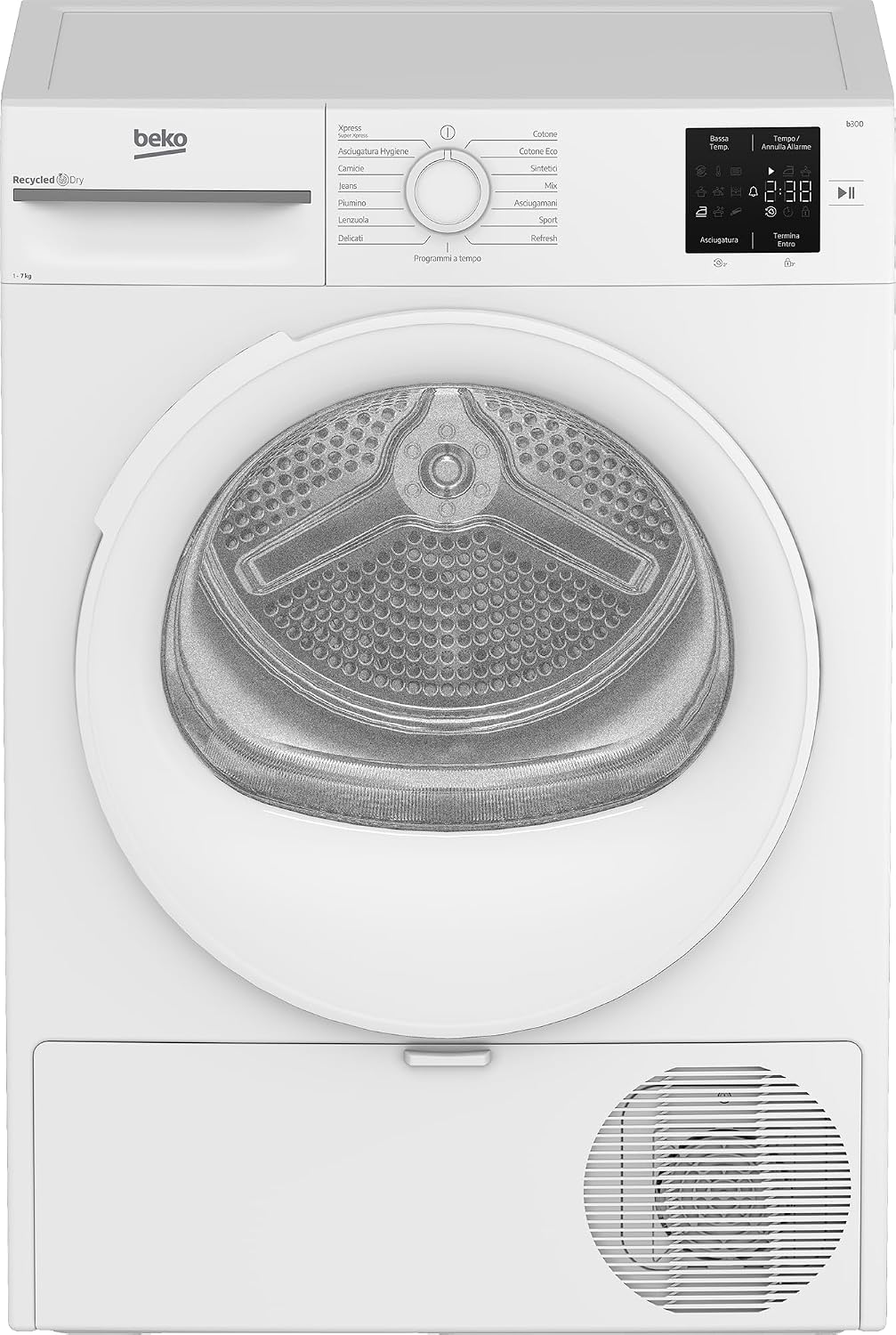 Beko BMT73EW Secadoras por condensación, Secadora de ropa independiente, 7 kg, clase D, pantalla digital, 12 programas, Steam Therapy, motor de 10