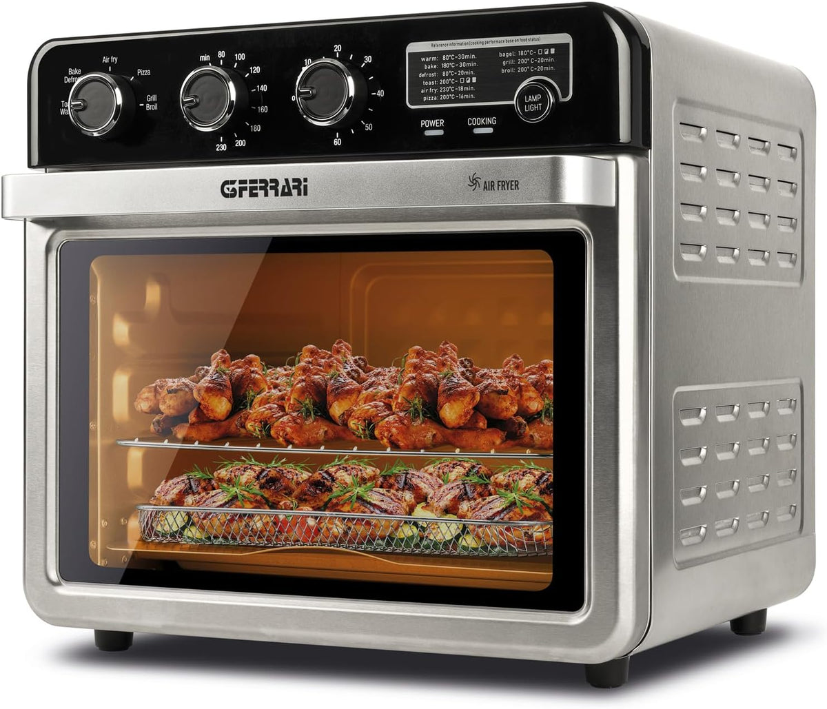 G10221 de G3 Ferrari, freidora de aire, Horno Air Fryer Multifunción 32L, 2000W, 5 Programas de Cocción, 6 Resistencias, Temperatura Regulable hasta