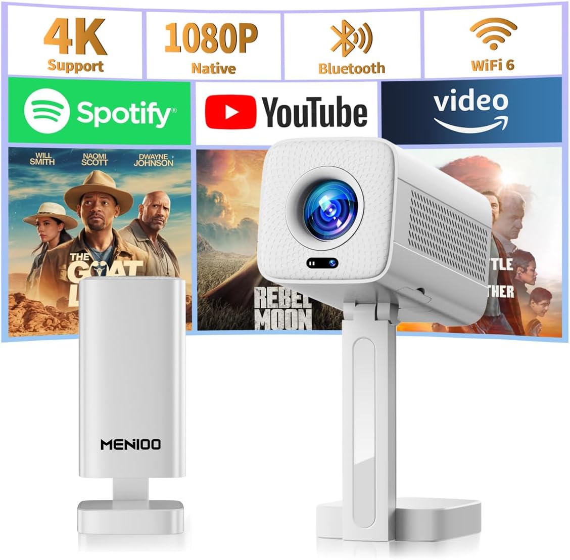MENIOO Proyector, Mini Proyector de 1920 * 1280 con WiFi Bluetooth y Aplicaciones Integradas