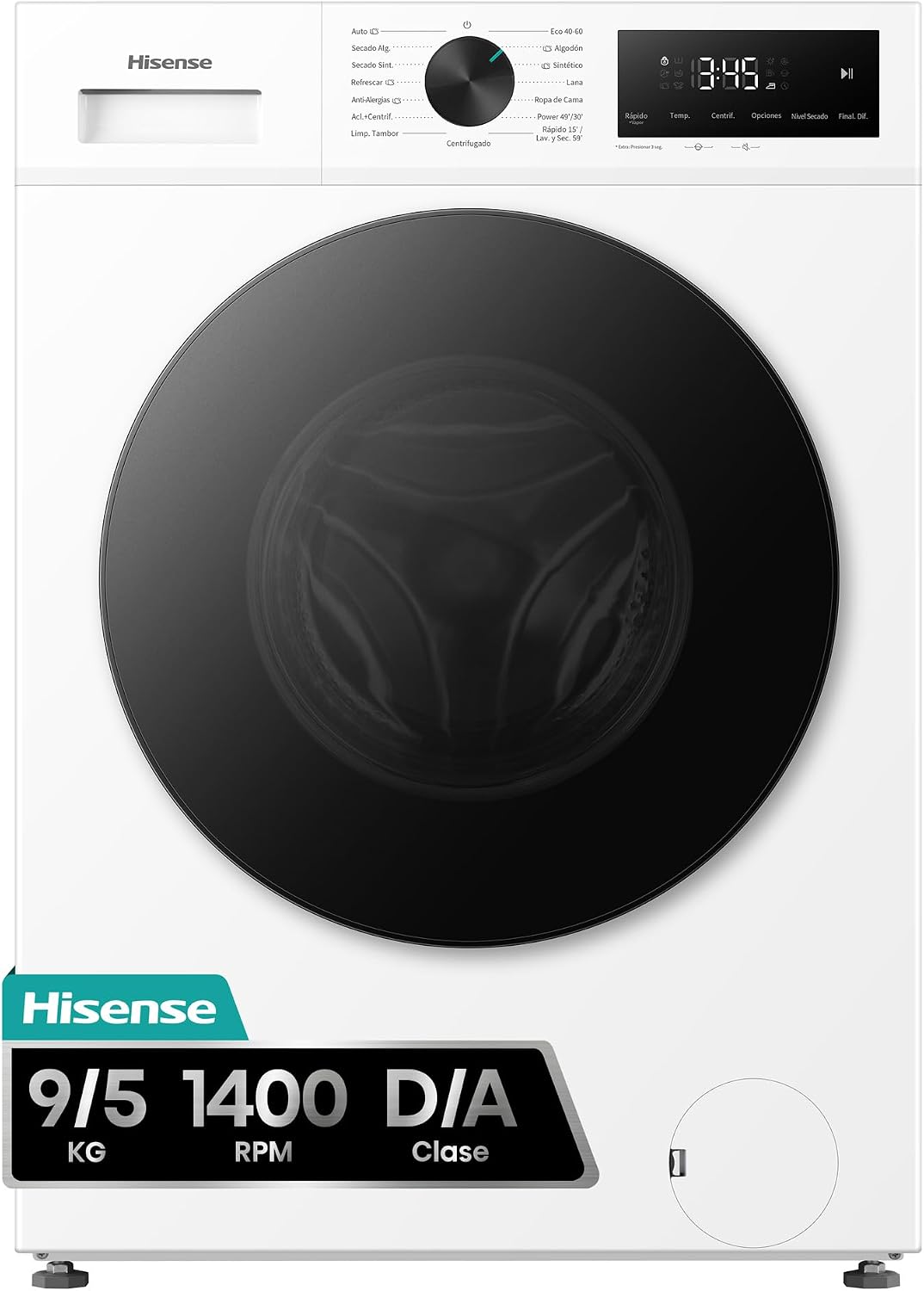 Lavadora Hisense, WD1I9042BWF2 - Lavasecadora 9 kg/5 kg, Fondo 47cm, 1400 rpm, Lavado y Secado 59', Dispensador Automix, Programa Lavado Auto, Función