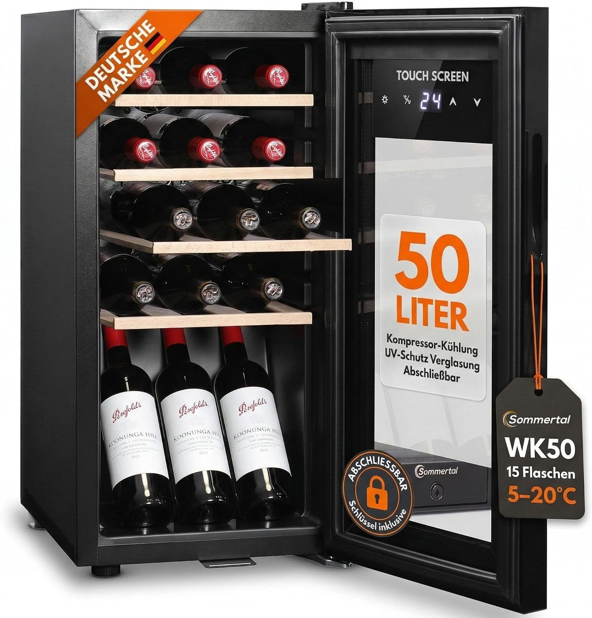 Sommertal WK50 Bodegas de vino integrada, Nevera para vino con puerta de cristal (15 botellas, 5, 20 ºC, ajustable, con cerradura, iluminación LED