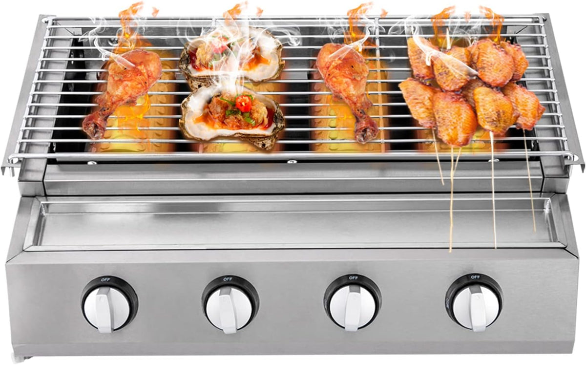 Parrillas de propano Barbacoa de gas, 4 quemadores, barbacoa de mesa de acero inoxidable, barbacoa de gas propano de acero inoxidable, cocción lateral