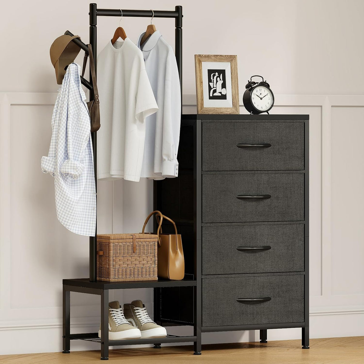 ODK Cómodas y cajonera, Cómoda 3 en 1 para dormitorio, incluye 4 cajones de tela, con un perchero resistente y 2 ganchos para abrigos, diseño de