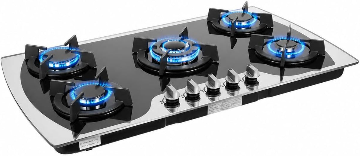Placa de cocina cocción de gas de 5 fuegos, placa de gas de vidrio templado 90 cm, mesa de cocción de gas natural GLP Butano propano, cocina