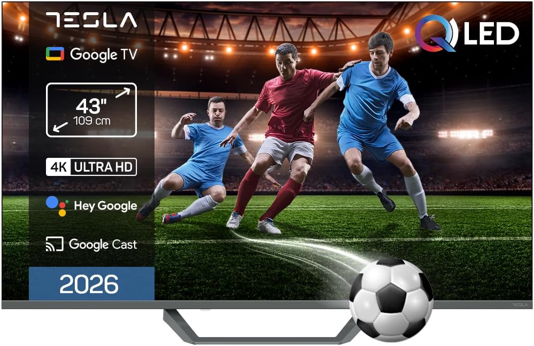 TESLA DVB-T2 Smart TV, QLED Smart TV 43 Pulgadas Full HD Compatible con Google TV y Google Assistant - Dolby Audio, HDR, WiFi y Bluetooth, Apps y