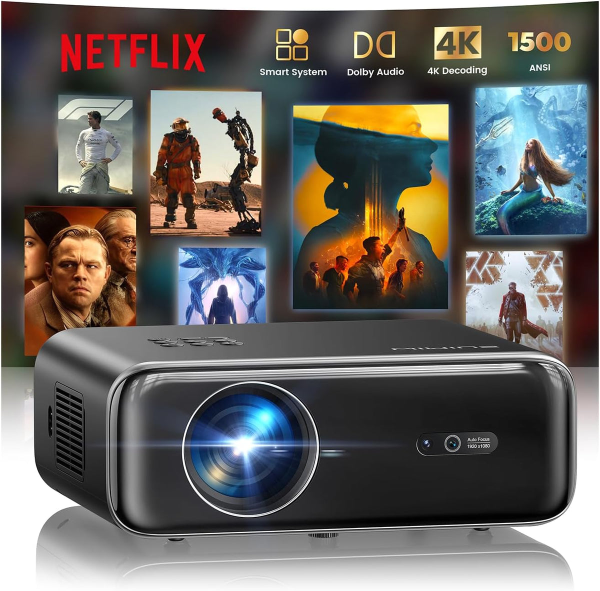 Proyector 4K 1500 ANSI/Netflix Incluido/Dolby Smart Proyector 4K Portátil Auto Focus/Keystone WiFi Bluetooth FHD 1080P, HDR10, Proyectors WiFi6