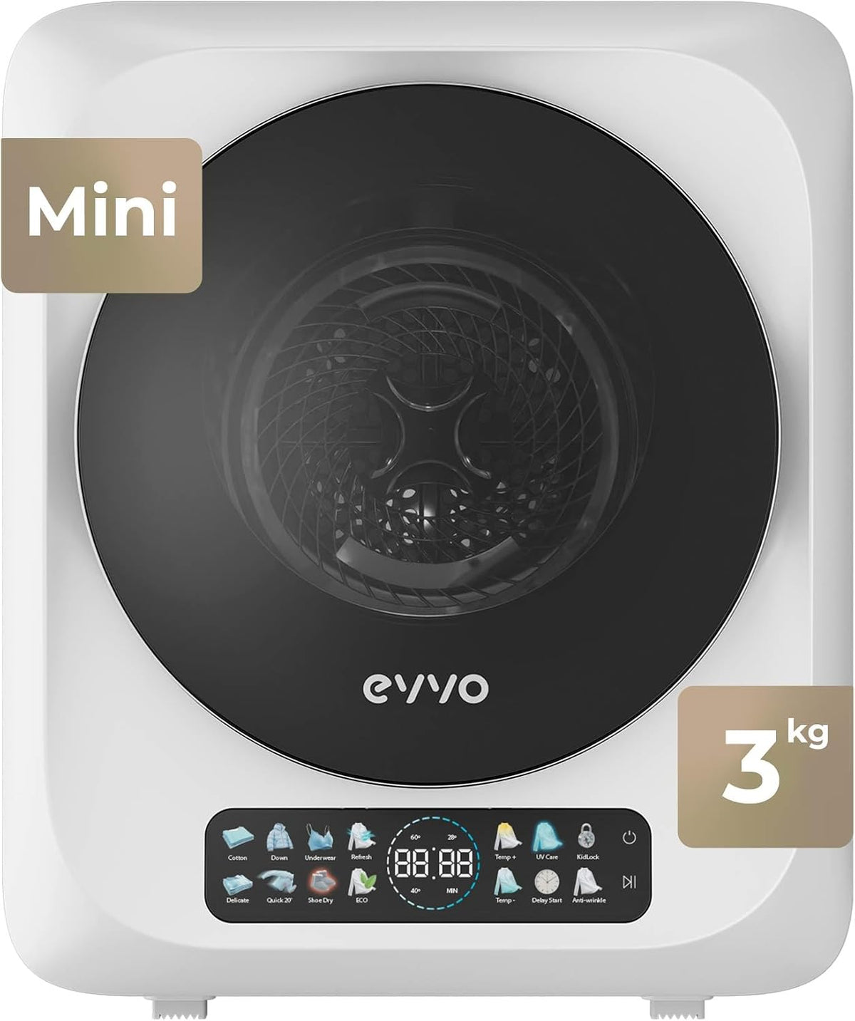 EVVO Lavadoras y secadora, Secadora Mini S4, Secadora de Ropa Portátil 3 Kg, Diseño Mini Compacto, Panel Táctil, Higiene UV, Función Antiarrugas
