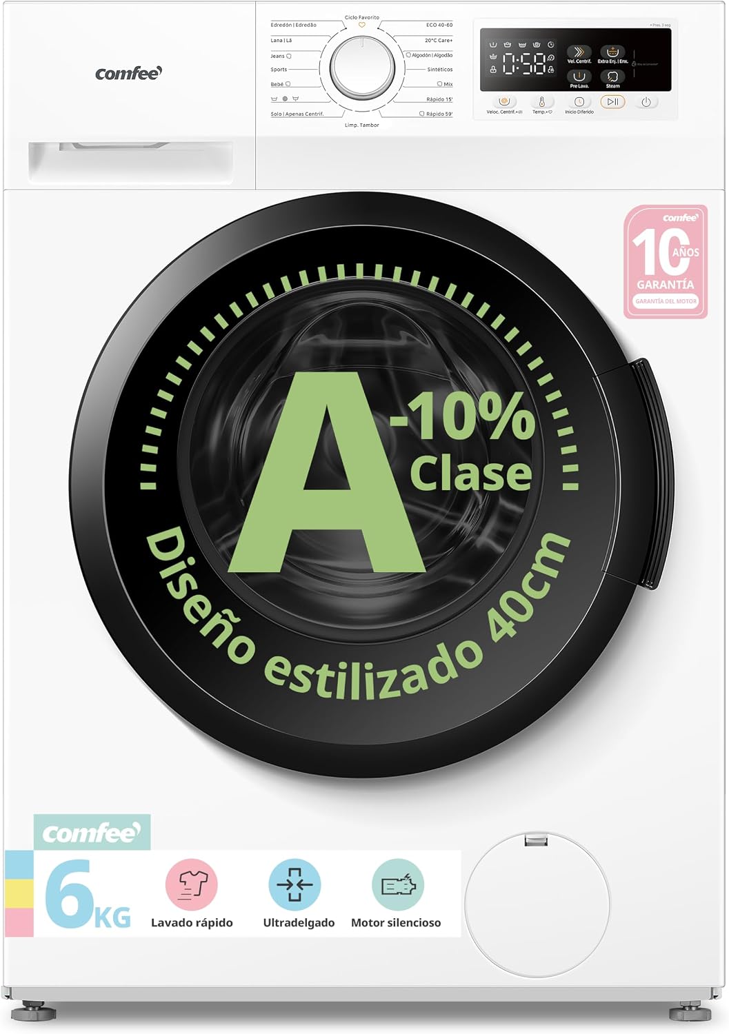Comfee Lavadora, ' Lavadora 6kg, Ultradelgado 40cm, Clase A-10%, 1200RPM, CFP01EW60W