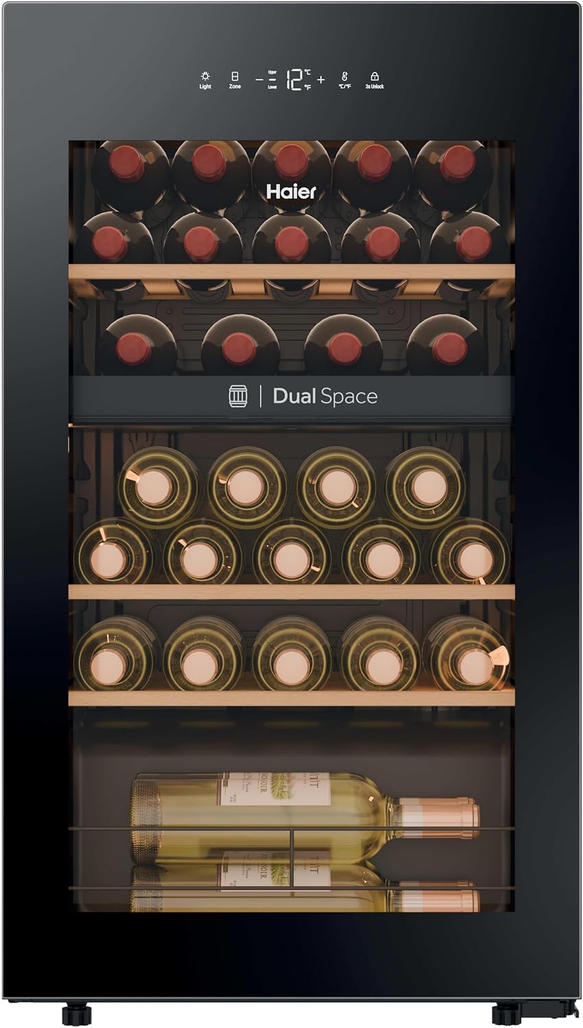 Vinoteca Haier, Wine Bank 50 Series 5 HWS32GDG Vinoteca de 32 Botellas, 2 Zonas Independientes, Estantes de Madera, Filtro Anti-UV, Sistema
