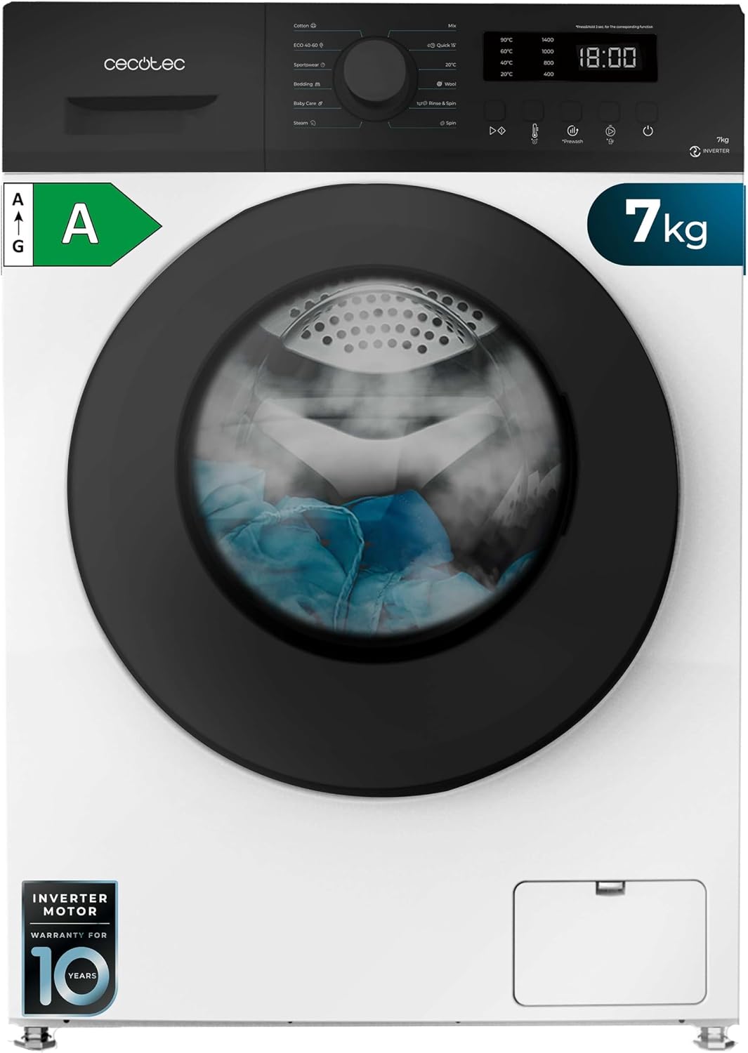 Cecotec Lavadora, 7 Kg Carga Frontal Bolero Dresscode 7150 Inverter A. 1400 RPM, 12 Programas, Bajo Consumo, Motor Inverter Plus, Steammax, Drum Clean